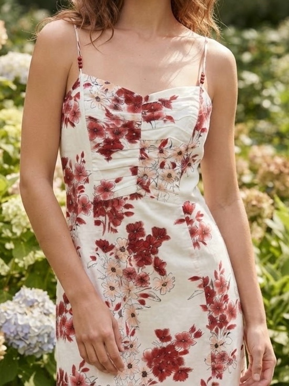 ABS Floral Spaghetti-Strap Midi Dress in Red Floral